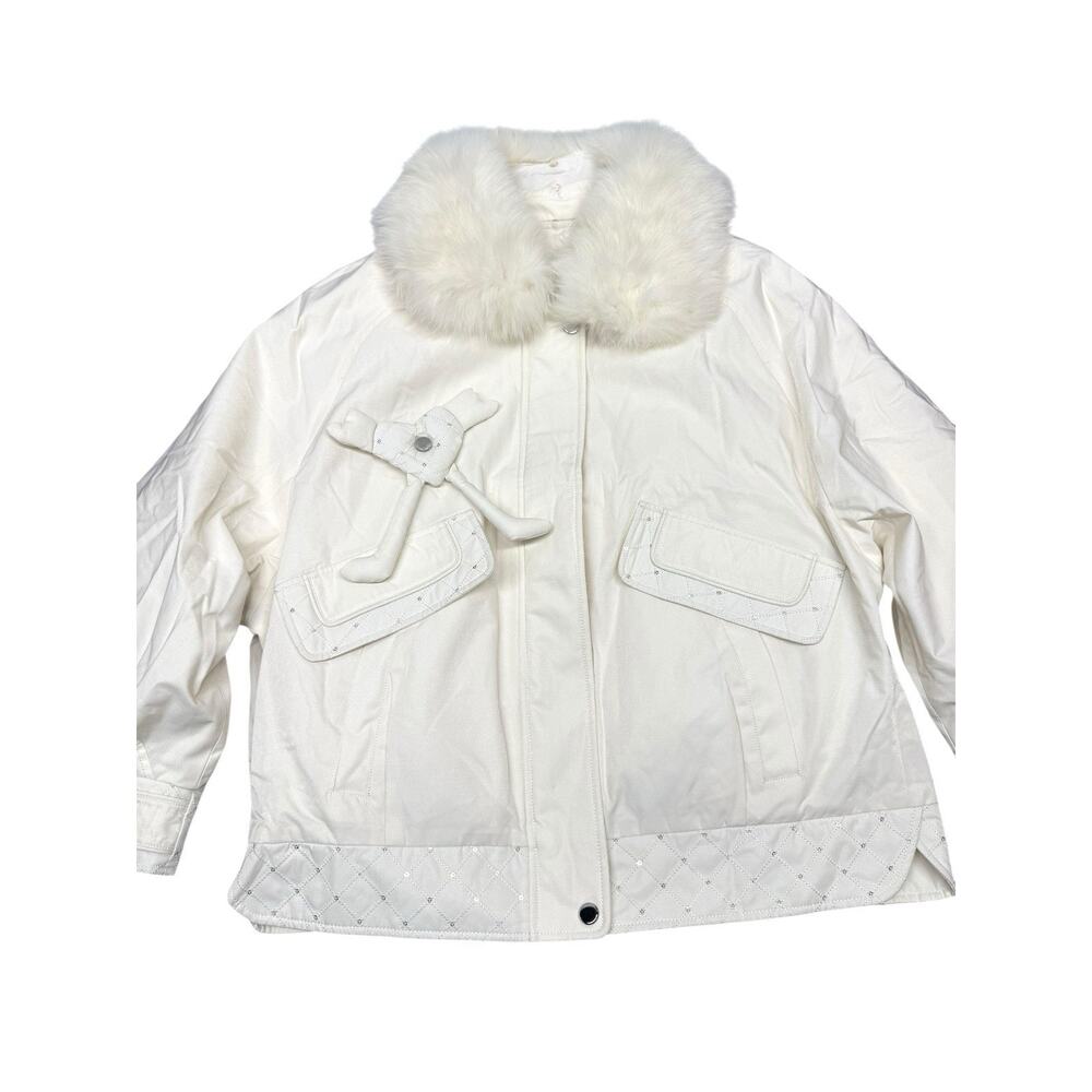 White Duck Down Coat M/L Real Fox Fur Collar Removable Lining Quilted